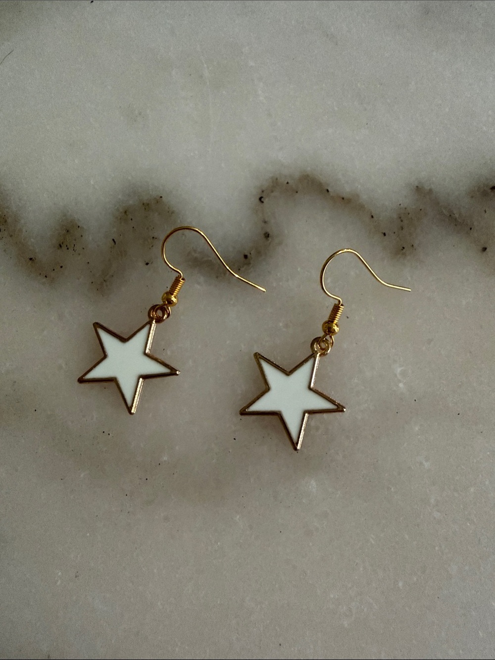 White Star Drop Earrings with Gold Trim Handpainted Enamel Novelty Jewelry